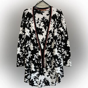 Belldini Long Sleeve Black/White Floral Long Cardigan, Hi-Low, Size L